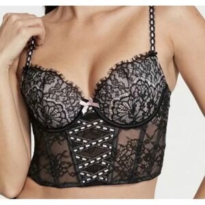 Victoria's Secret Dream Angels Corset Bra XS Black Pink Lace Demi Coquette
